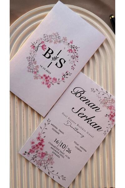 emindijital Beyaz Zarflı Kına, Nikah, Nişan Düğün Davetiyesi 50 Adet