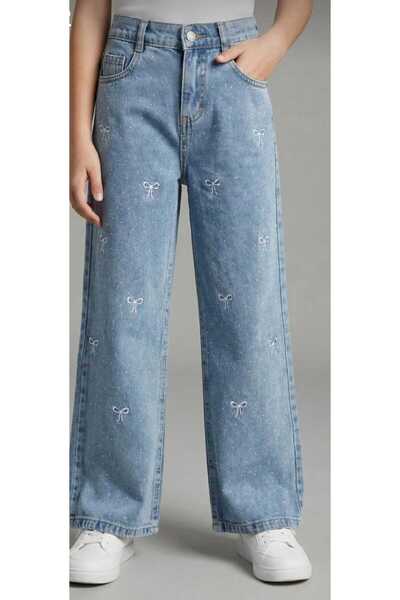 AZRA ÇOCUK GİYİM Girls' Denim Pants with Loose Legs and Stone Decoration with...