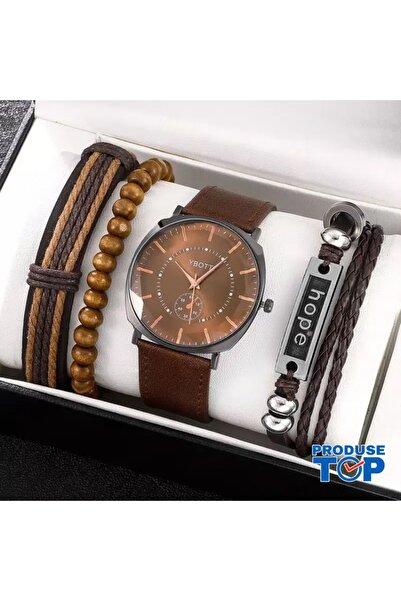 Hope Elegant Brown Men's Watch Set with Brown Eco Leather Strap + 4 Bracelets