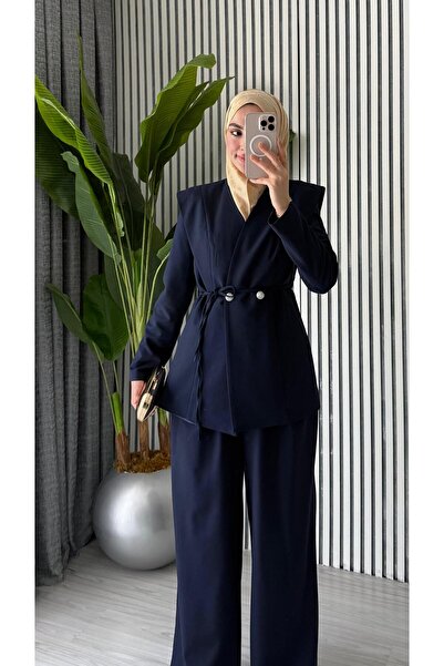 Molly Nelly Γυναικείο κομψό σετ με διπλά κουμπιά και παντελόνι με κορδόνια