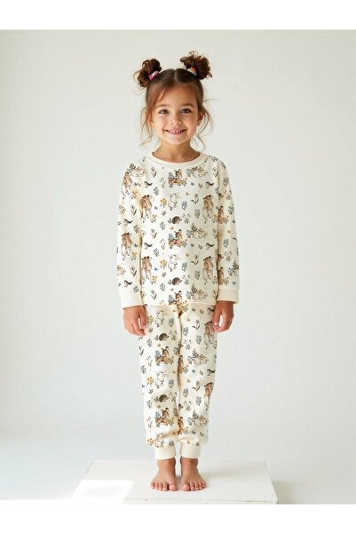 zahider Girls' 100% Cotton Cute Deer and Rabbit Pattern Long-Sleeved Pajama Set
