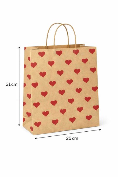 HDF PAZARLAMA KALP DESENLİ 25 adet 25*12*31 KRAFT ÇANTA (hediye,sevgililer günü,özel gün)