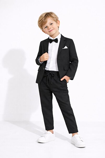 Cansın Mini Jachetă și pantaloni din in negru, costum 4 piese pentru băieți c...