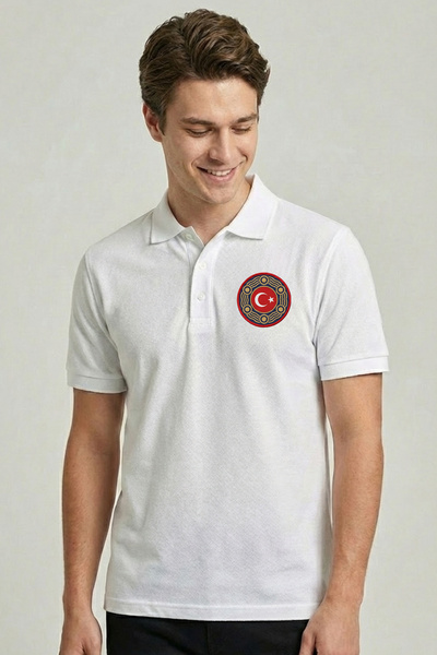 Çapıt 100% Cotton Shield Motif Turkish Flag Coat of Arms Printed White Polo N...