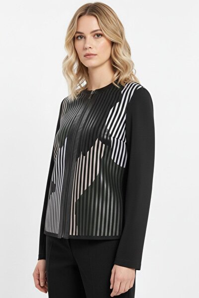 Deriderim جاكيت جلد طبيعي نسائي مطبوع من الجلد الأخضر والأسود على قماش تول لونا