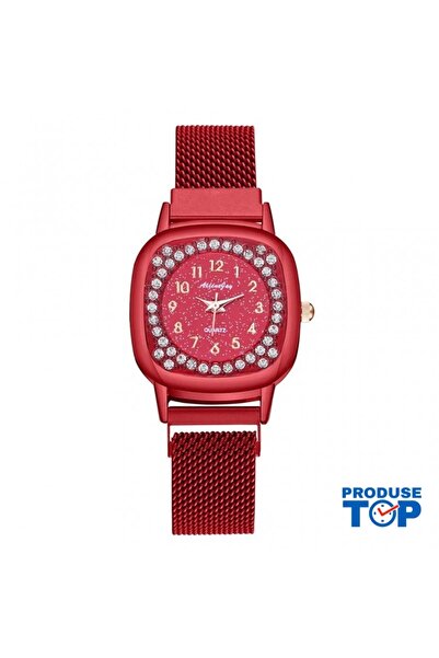 QUARTZ Elegant Red Women's Watch with Rhinestones and Magnetic Bracelet CDQZ138