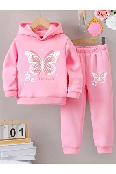buendiakids Kız Çocuk Pembe Kelebek Baskılı Kapşonlu Lastik Paça Alt Takım