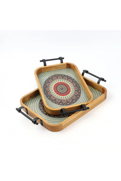 TULIN طقم تقديم خشبي مزخرف بمقبض معدني أسود، قطعتان