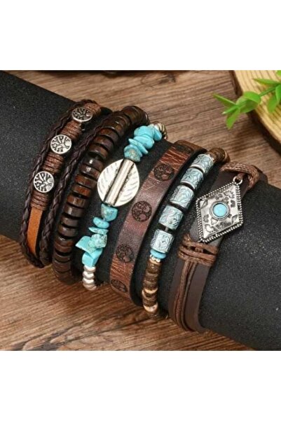 Vintageart Leather and turquoise bead bracelet set