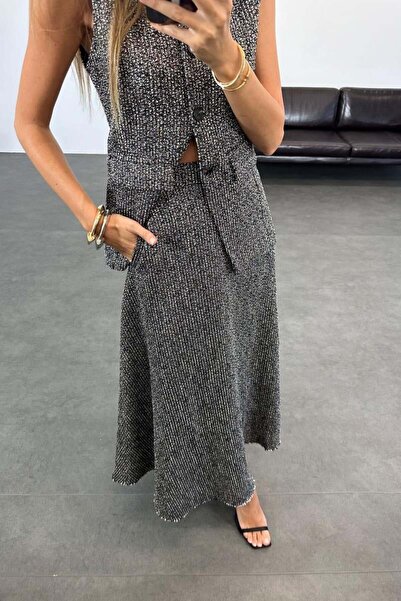 Ecenin Favorileri Black Gray Tweed Vest Skirt Women's Set