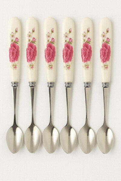 OEM Set of 6 stainless steel spoons with porcelain handle, elegant floral pat...