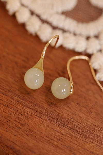 Shylyn 925 Ayar Gümüş Altın Kaplama Hotan Yeşimi Taşlı Minimal Küpe