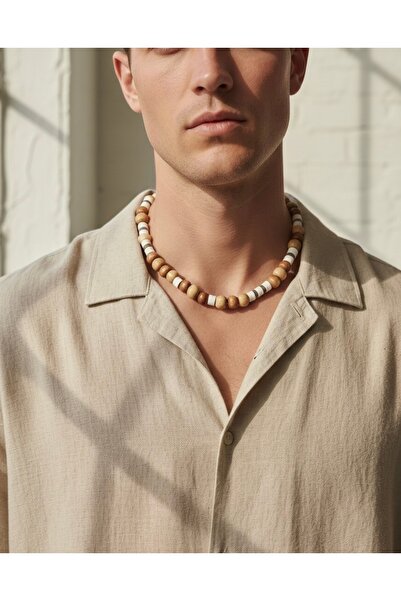 Handmade Etnik Wood & Fimo Erkek Kolye - Toprak Tonları