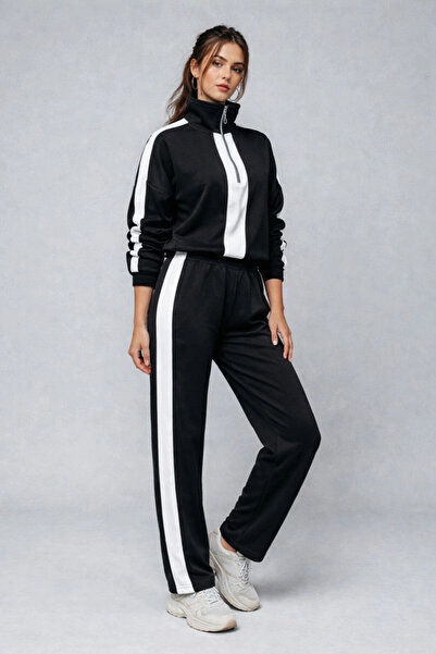 Cool & Sexy Modal Fabric Half-Zipper Striped Tracksuit Set Black