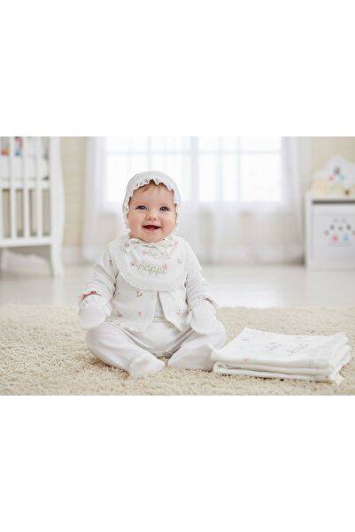 Gaye Bebe Happy Çiçek Nakışlı Güpür Detaylı %100 Pamuk 10'lu Hastane Çıkış Seti