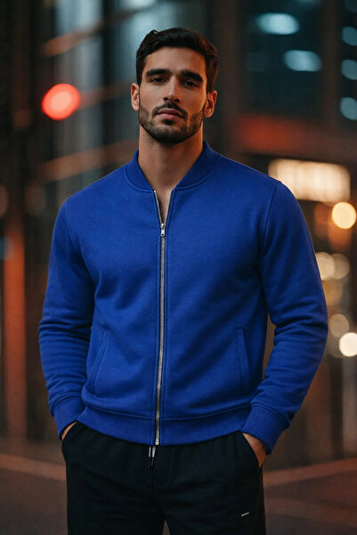 COMBİNE MİCHAİL Men's Zippered Basic Blue College Jacket