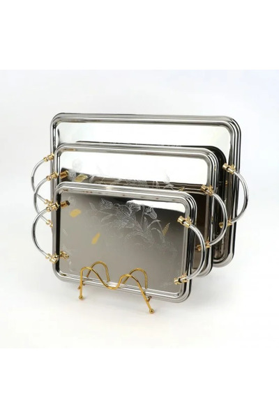Generic Tabasi Serving tray set with metal frame and gold handles, 3 sizes