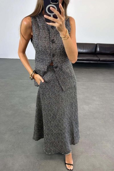 Ecenin Favorileri Slim fit black grey tweed vest skirt women's set