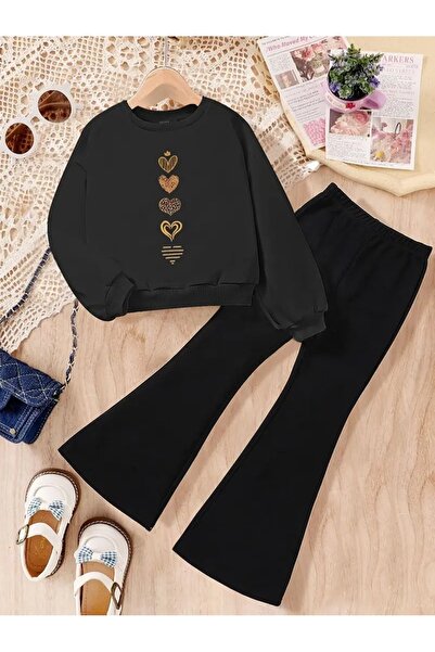 Kids Kız Çocuk Siyah Kalpler Baskılı Bisiklet Yaka Sweatshirt-İspanyol Paça P...