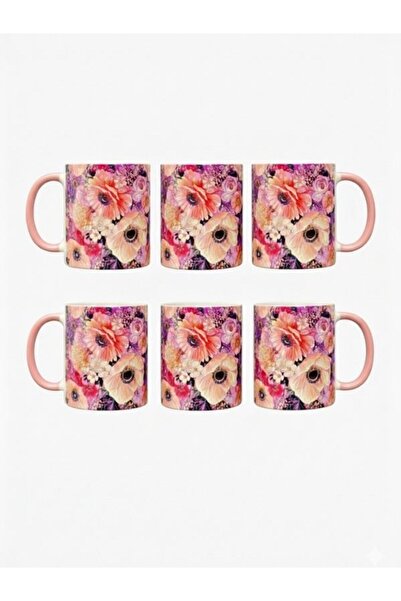 Viyalente Set of 6 300 ml Pink Flower Concept Porcelain Mugs, Machine Washable