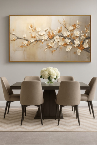 lawhat لوحة زهور فاخرة ببرواز ذهبي مجوف – لمسة أناقة راقية لطاولة الطعام مطبو...