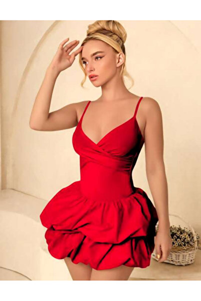 Bleu Petite Stylish Evening Mini Dress with Red Balloon Skirt Detail