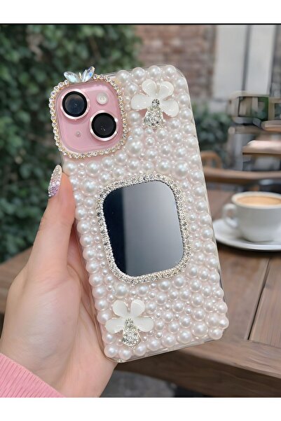 Olinza Shop iPhone Xr Pearl Detailed Mirrored Phone Case with White Flower De...