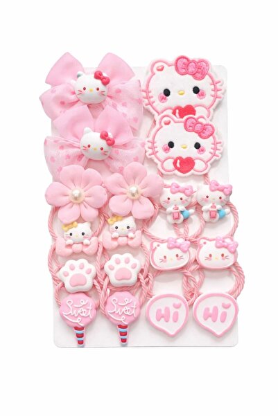 lindamina Hello Kitty Saç Aksesuarları Seti, Pembe, 18 Parça, Fiyonklar ve To...