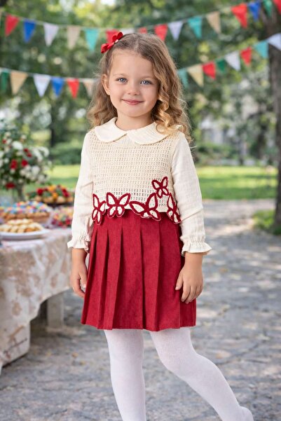 Nehirim Kids Kız çocuk Uzun Kollu Gömlek Triko ve Etekli Kırmızı Takım Mevsim...