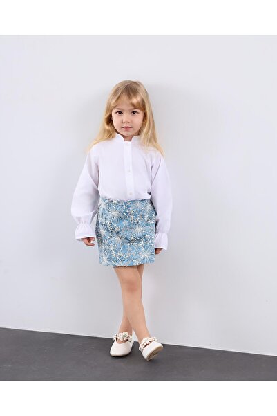 le petit sole İşlemeli Denim Etek Pamuklu Beyaz Gömlek Takım