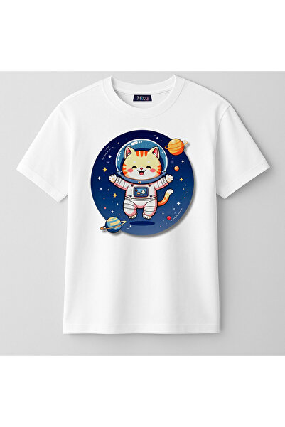 mixxi fashion Cute Cat Astronaut Space Cute Cat Printed Short Sleeve Unisex K...