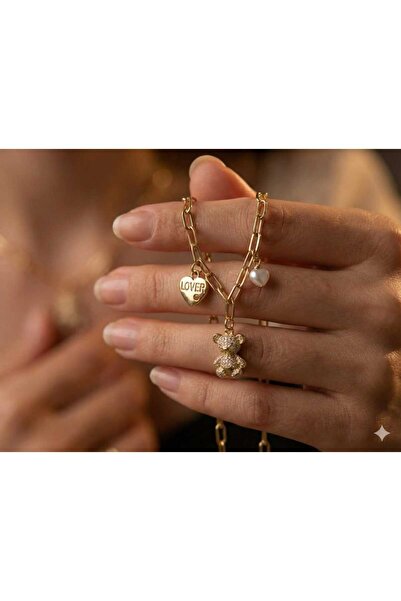 Generic RESENA | Gold Renk Ayıcık & Kalp Charm Detaylı Paslanmaz Çelik Kadın ...