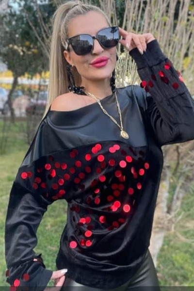 ESSFASIHON Velvet Leather Sequin Detailed Boat Neck Blouse