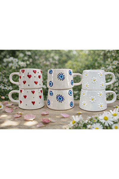 aktas seramik كوب سيراميك مكون من 6 قطع بنقوش على شكل زهرة الأقحوان، وعين الش...