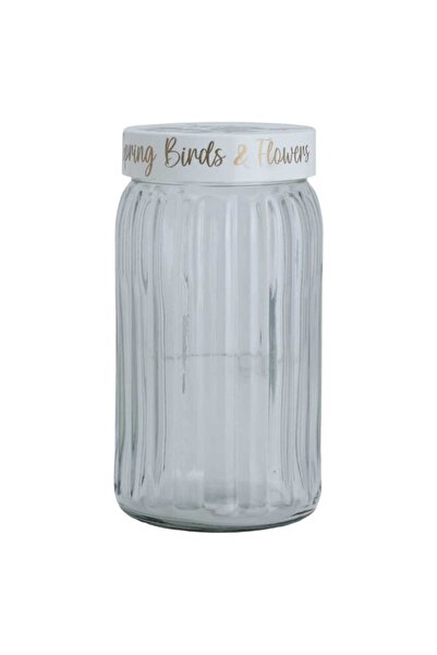 Generic مرطبان زجاجي من هيرفين بغطاء أبيض، سعة 1.7 لتر، بنقشة وردة - شفاف