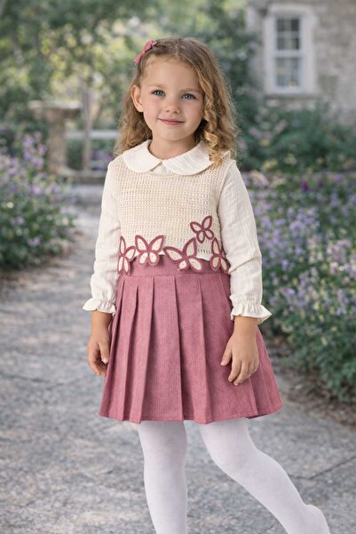 Nehirim Kids قميص بناتي بأكمام طويلة وتنورة وردية اللون، فستان موسمي للعيد (2...