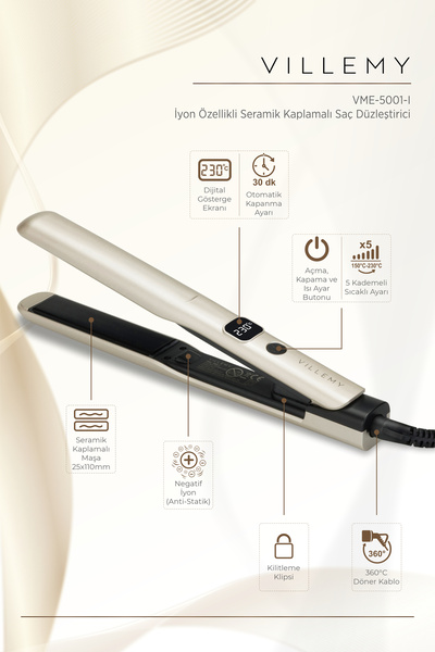 VILLEMY Ceramic Coated 25X110Mm Hair Straightener with Ion Feature – 5-Level ...