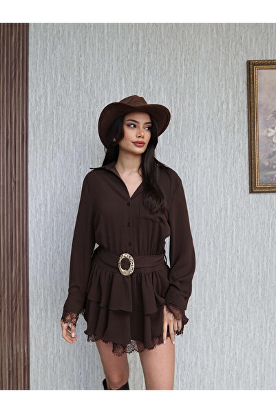 solena sln Women's Shirt Collar Lace Detail Mini Dress