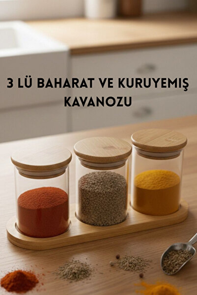 PERİNUVİA 3-Piece 180ml Borosilicate Glass Spice and Nut Jar with Bamboo Lid ...