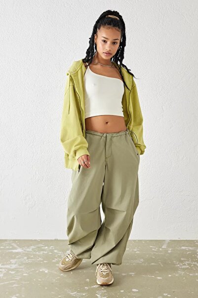 september island Lucia Green Olive Color Baggy Trousers with Oversized Cut-Ou...