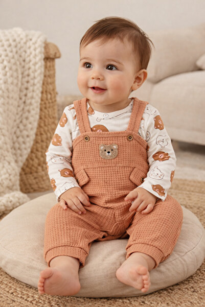 Atlas Baby House طقم بذلة أطفال من قماش الوافل المنقوش على شكل دب للرجال مطبو...