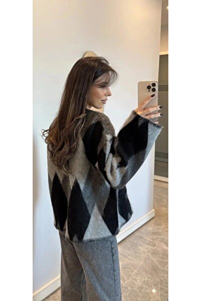 Esperar Δημοφιλής γυναικεία ζακέτα oversize χωρίς τσέπες με σχέδιο μπακλαβά μ...