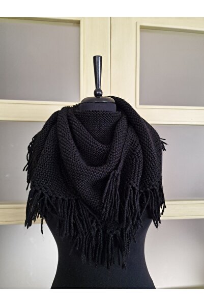Hobi Kafe Hand Knitted Black Triangle Neck Collar Shawl