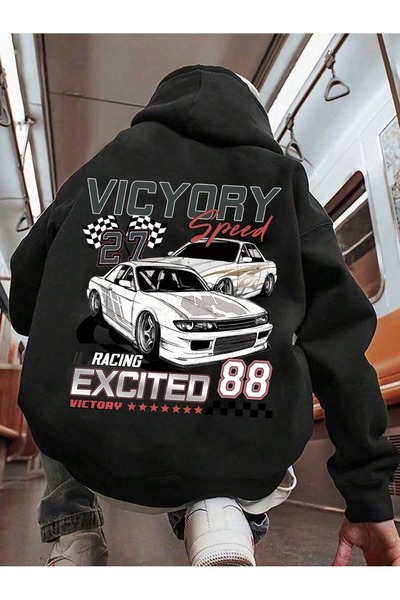 SVART WEAR Детска суитшърт с качулка и принт Racing Excited, 100% памук