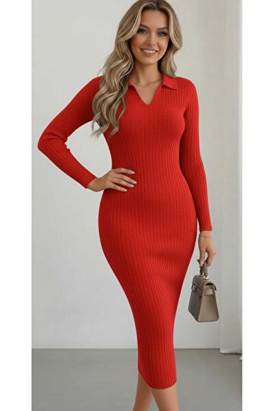 rengamoda Women's V-Neck Detail Knitwear Dress
