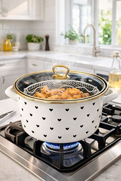 Akkoyunlu home Black Heart Enamel Frying Pan with Glass Lid, Frying Pot with ...