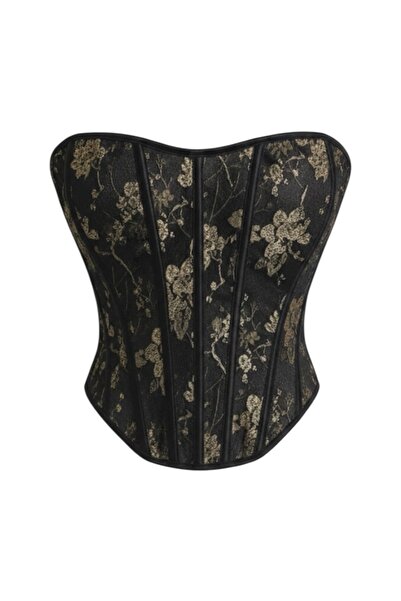 Ceren Öncel Atelier Gold İşlemeli Jakarlı Siyah Büstiyer Korse