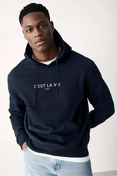 DİVİN Men's Printed Hooded Sweatshirt Oversize Cut 3-Ply Cotton Fabric