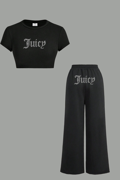 Bozz&Bozz Collection Women Juicy Kristal Stone Printed Tracksuit Crop Blouse ...