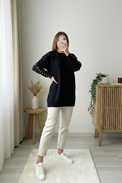MODAQU Soft Knitwear Tunic with Rope Detail on the Sleeves - Black